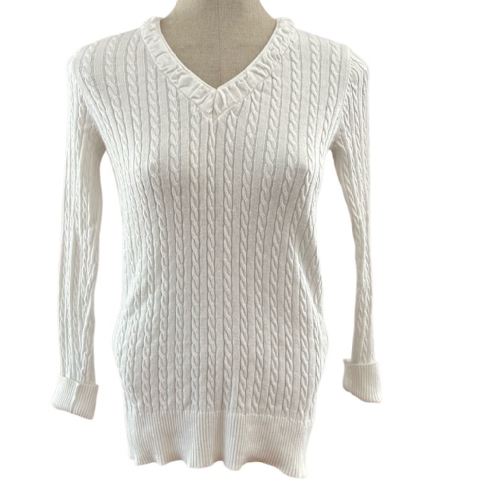 Eddie Bauer sweater cable knit pull over cotton V-neck white women’s size S